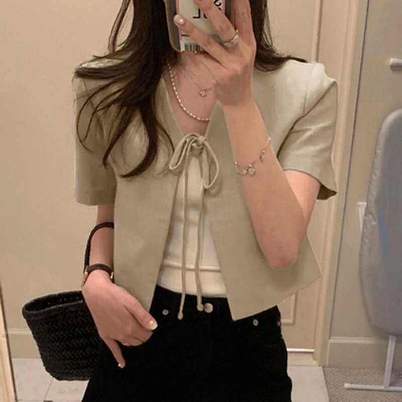 ZANZEA Daily Short Suit Jacket with Tie Front Collar, Short Sleeves Cotton Linen Blend Women's Blazer (image for) ZANZEA Daily Short Suit Jacket with Tie Front Collar, Short Sleeves Cotton Linen Blend Women's Blazer